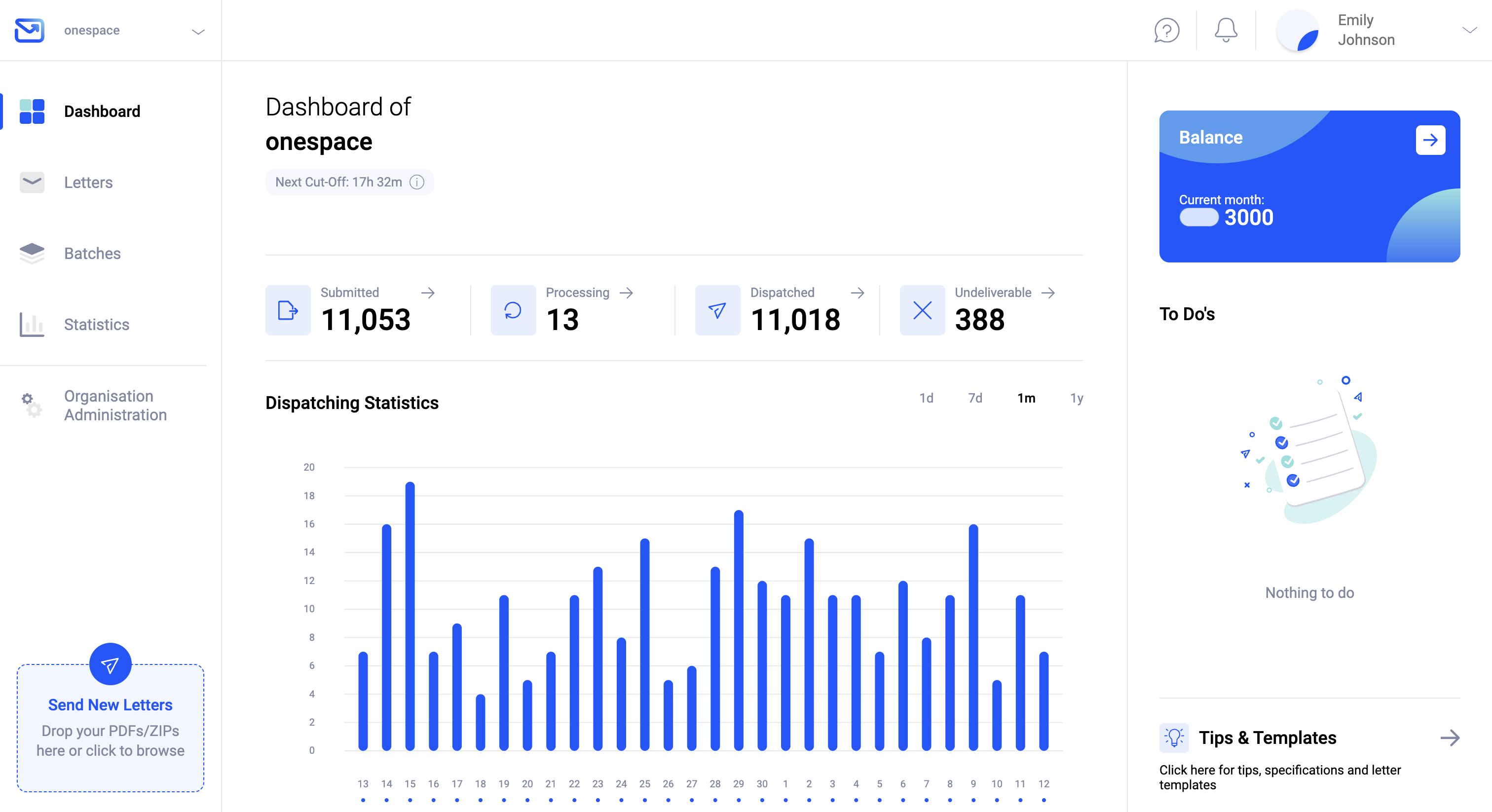 Main dashboard of the Pingen WebApp