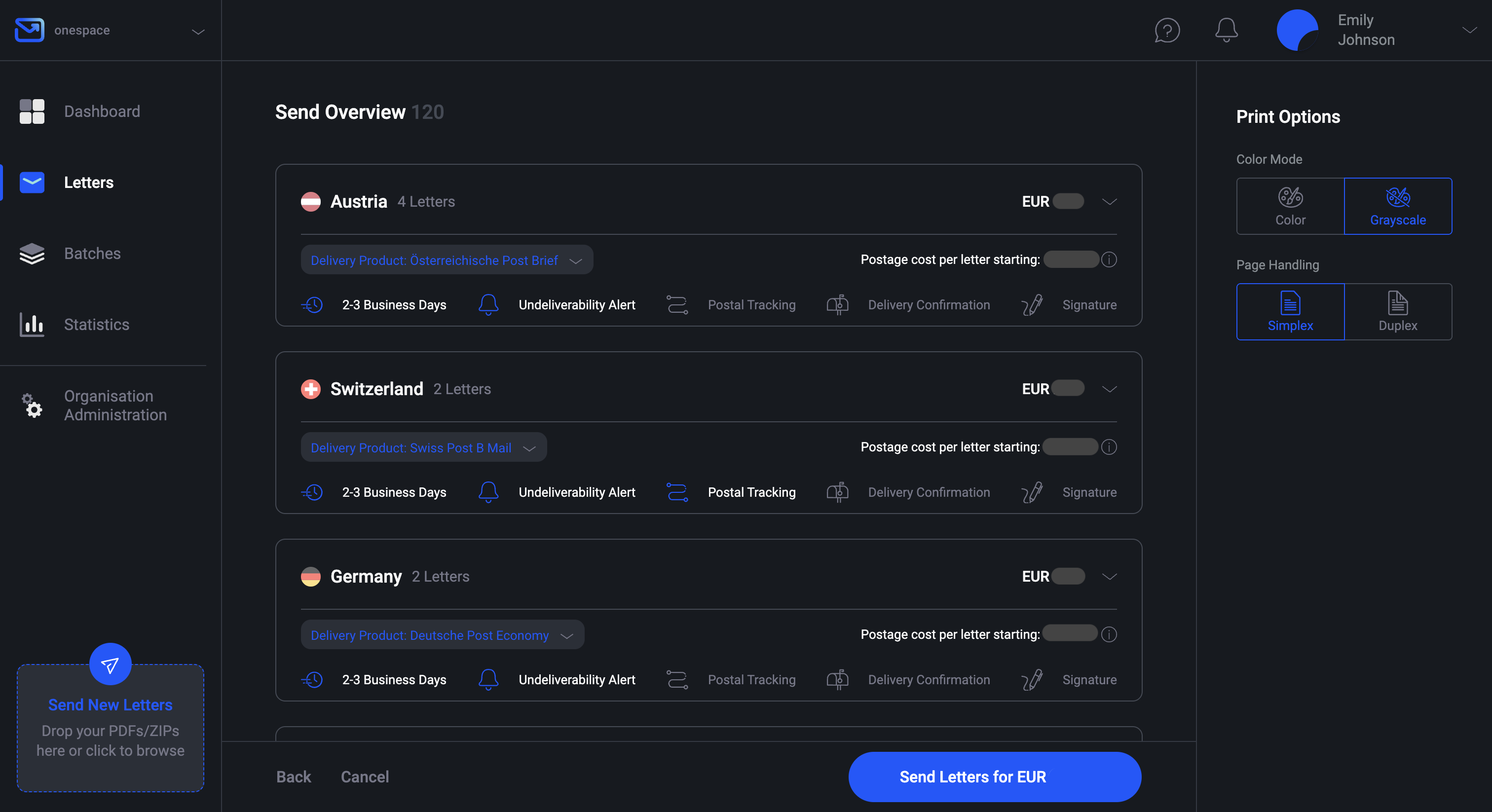 Letter send overview in Pingen WebApp