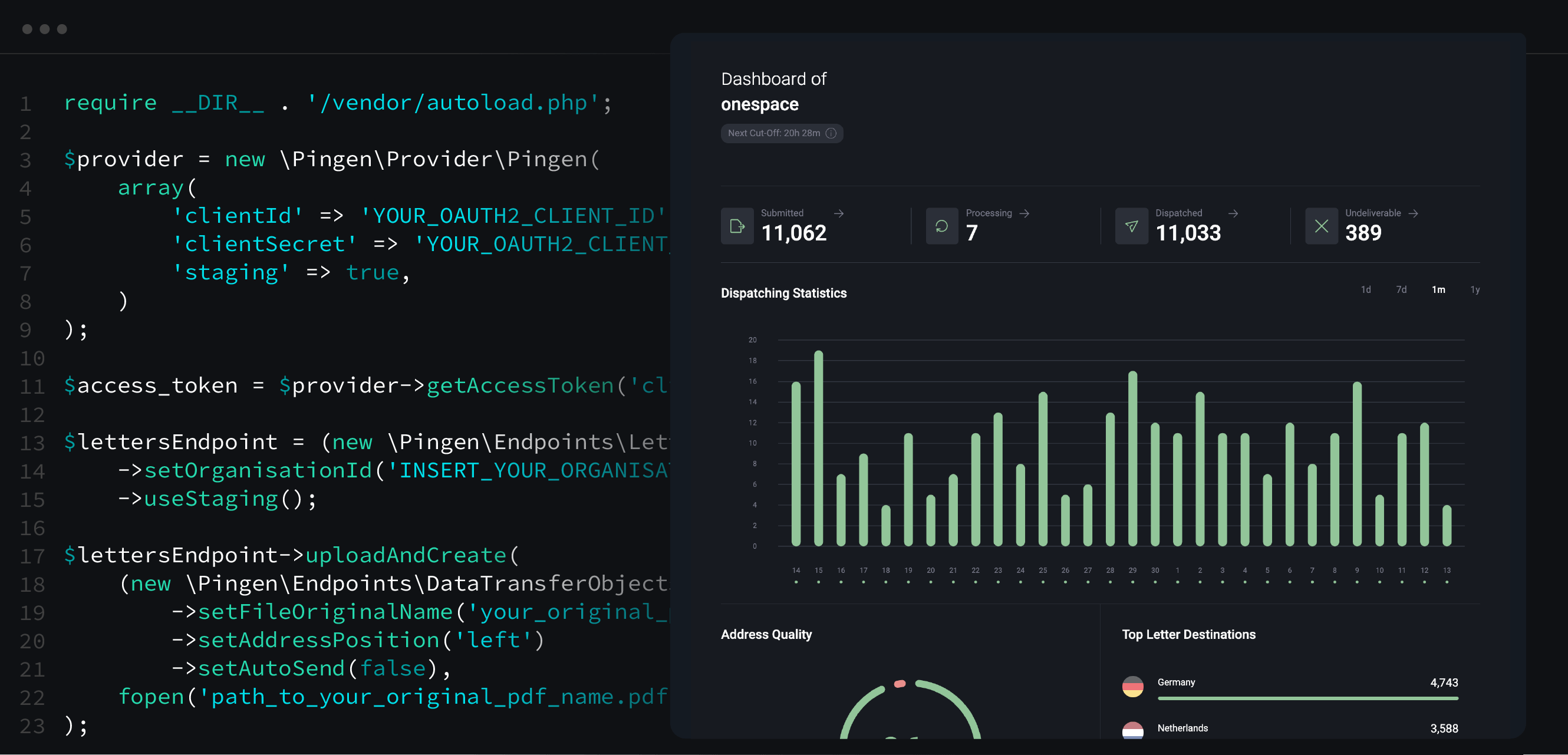 Pingen letter Api - PHP code example and Pingen dashboard